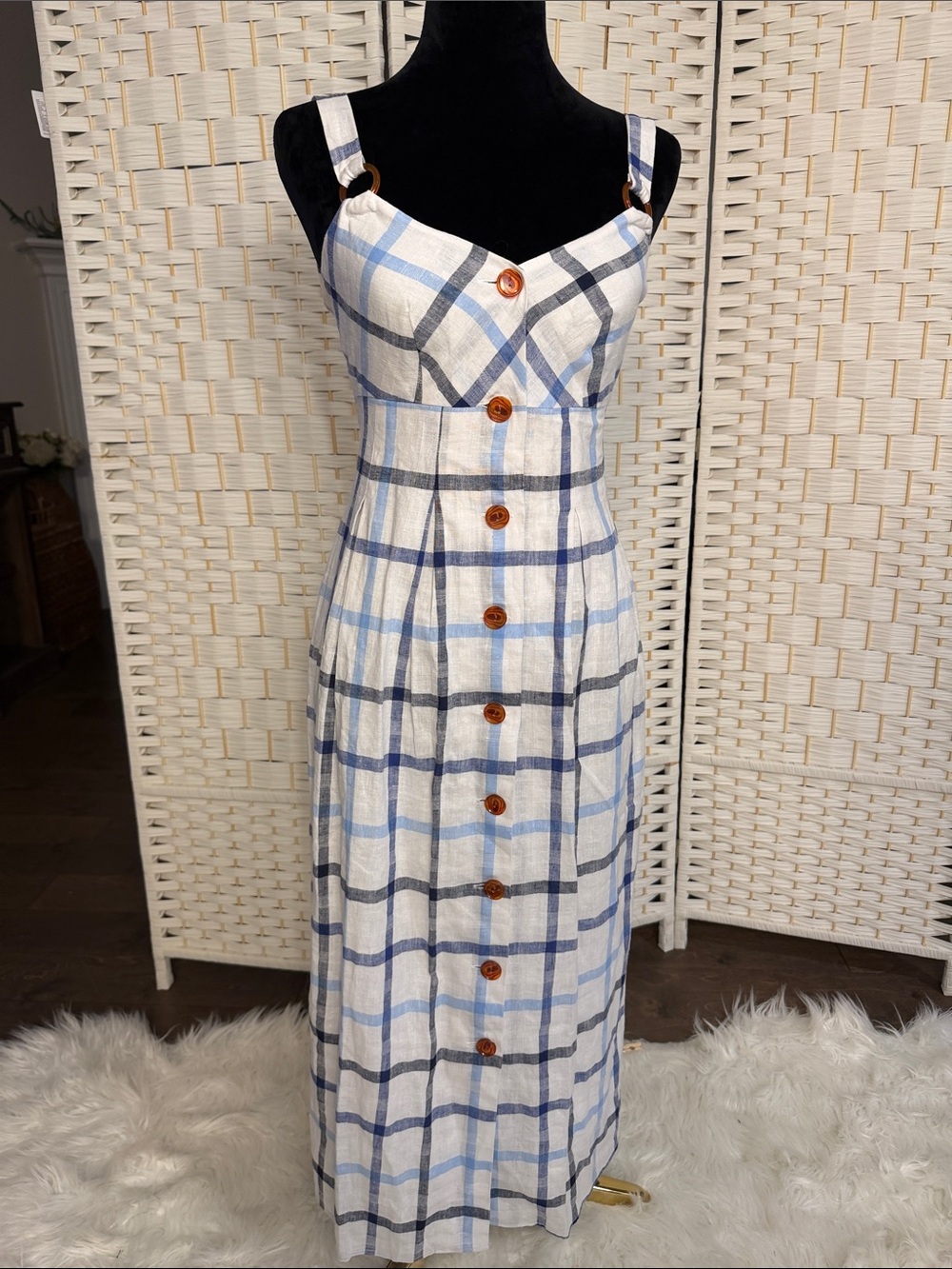 Red Carter White and Blue Plaid Maxi Dress with Button Front